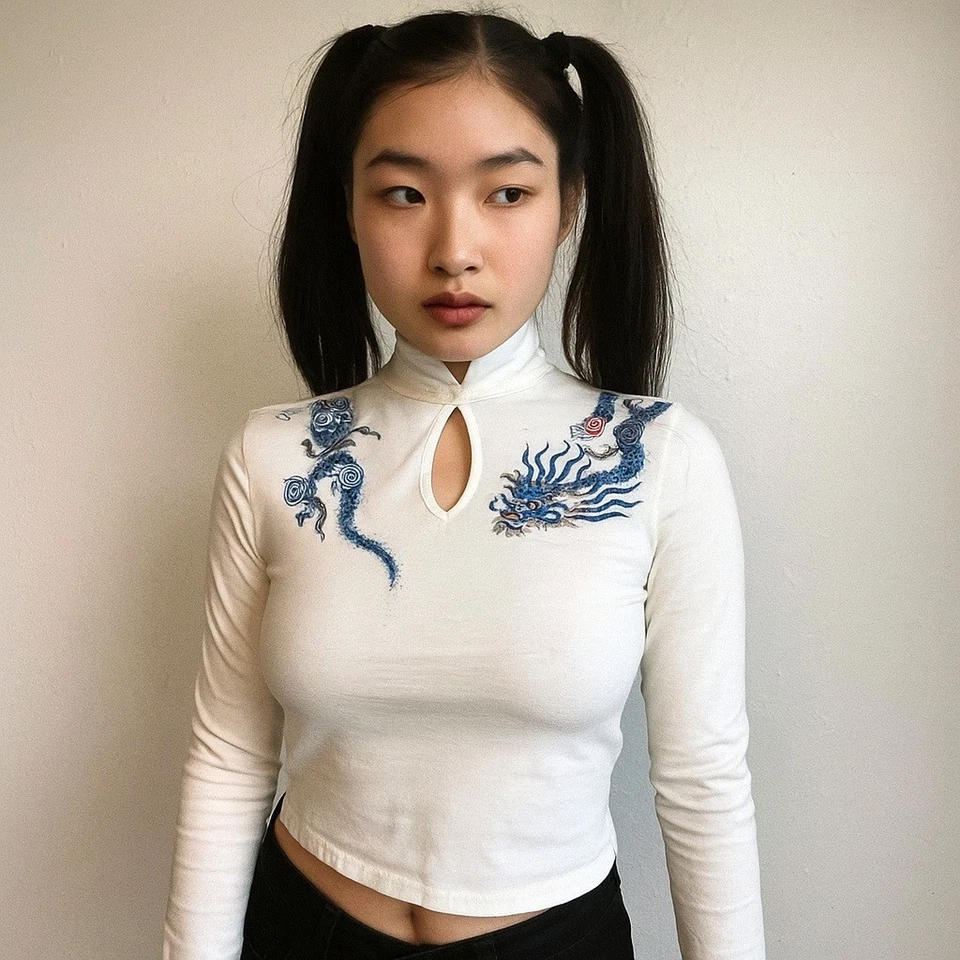 Top bordado vintage Y2K Vivienne Tam Dragon para mujer cuello mandarín mediano Foto 1 de 4
