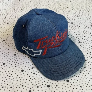 Vintage 1990's Chevrolet Snapback Trucker Denim Hat with Script Truck Racing - Picture 1 of 9