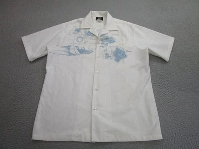 Iolani Shirt Mens Medium White Blue Hawaiian Map VINTAGE 80s 90s Made USA - Image 1 of 4