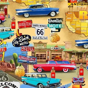 Cotton Michael Searle Signs Route 66 Cotton Fabric Print by the Yard D769.71 - Picture 1 of 1