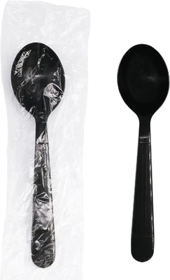 100 juegos de utensilios de plástico negro cucharas de sopa envueltas de alta resistencia desechables Foto 1 de 4