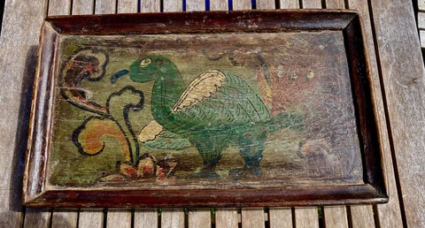 Vintage Bird Painted Step Stool   Folk Art Hand Tooled Cover