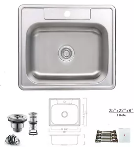 Top Mount Drop In Stainless Steel Single Bowl Kitchen Sink 25" x 22" x 8" 1Hole - Picture 1 of 5