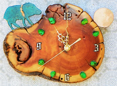 Javelina w/ Moon and Turquoise Stones Log Cabin Style 9" x 6.5" x 2" Wall Clock - Image 1 of 4