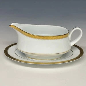NORITAKE CONTEMPORARY ESSEX GOLD 4322 GRAVY OR SAUCE BOAT WITH UNDERPLATE - Picture 1 of 4
