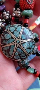 Tibetan gold Tone Turquoise antique necklace, very old handmade antique mosaic - Picture 1 of 8