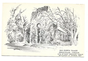 Jamestown Virginia Artist Signed Postcard Old Church Tower Pencil Drawn Unused - Bild 1 von 2