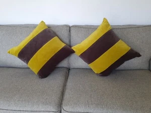OKA Pair Cushions Velvet Yellow Brown Duck Feathers Filling 20"x20" # - Picture 1 of 12