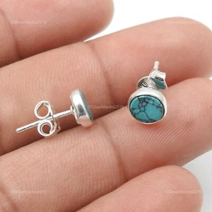 Round Turquoise Stone 925 Silver Black Friday Butterfly Birthday Stud Earrings - Picture 1 of 9