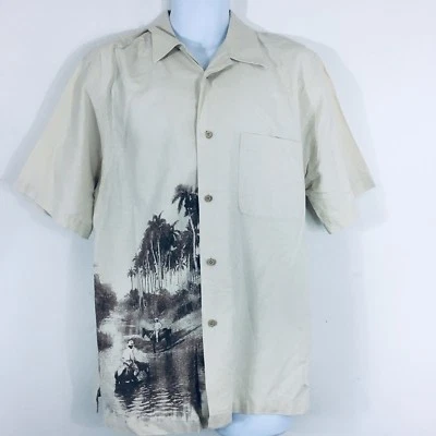 Havenera Co Mens Shirt sz M Beige Palm Tree Button Up Short Sleeve Linen Casual  - Image 1 of 4