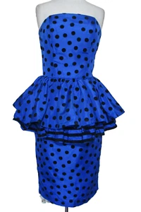 Vintage Leslie Lucks Blue Black Polka Dot Peplum Dress XS/S Women Strapless - Picture 1 of 4