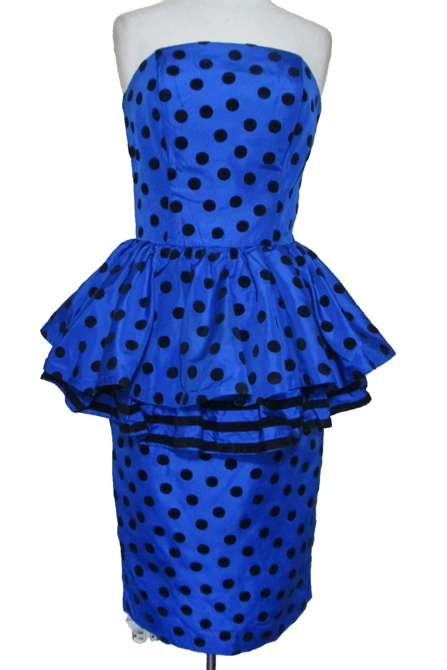 Vintage Leslie Lucks Blue Black Polka Dot Peplum Dress XS/S Women Strapless - Image 1 of 4
