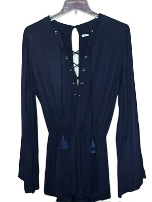 FAITHFULL THE BRAND NAVY BLUE RAYON ROMPER PLAYSUIT JUMPSUIT XS LACED NECKLINE - Image 1 of 3