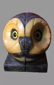 Pair of Vintage Carved Marble Alabaster Glass Eyed Figural Owl Head Bookends - Picture 1 of 8
