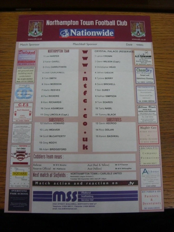 10/09/2003 Northampton Town Reserves v Crystal Palace Reserves  (single sheet, f - Image 1 of 1