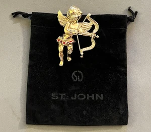 Super Rare ST. JOHN SJ Logo Gold Tone Rhinestone Cupid Angel w/ Arrow Pin Brooch - Picture 1 of 13