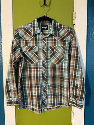 男孩牧马人珍珠扣衬衫牛仔西部绿色棕色格子尺寸 XL Rodeo — 第 1/4 张图片