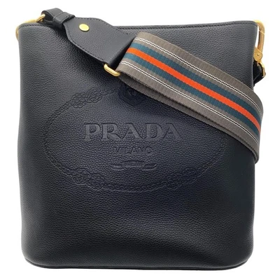 PRADA SATCHEL IN BLACK VITELLO PHENIX LEATHER WITH STRIPE STRAP. ITEM# 1BE057 - Image 1 of 4