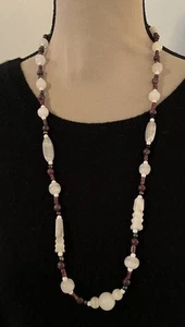 Glass & Stone Beaded Necklace & Bracelet Purple,White 14” New - Picture 1 of 14