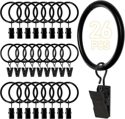 26 PCS Curtain Rings with Clips Hooks for Drapes Black 126 Inch Diameter - Image 1 of 4