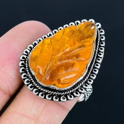 Anillo hecho a mano tallado ámbar en plata 925 tallado en Estados Unidos talla 8,5 Foto 1 de 3