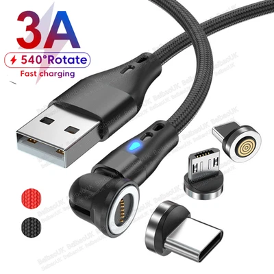Magnetic Charger Cable Fast Charging Phone Type C Micro USB IOS 180°+360° Rotate - Image 1 of 4
