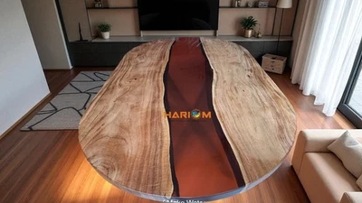 30"x60" Oval Red Epoxy Resin Dining Wood Table Top Kitchen Slab Furniture Decors - Image 1 of 4