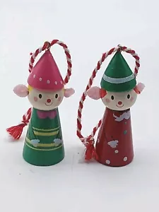 Pair Wooden Elves Ornaments Christmas Elf Small 2018 Target Felt Ears Red Green - Picture 1 of 6