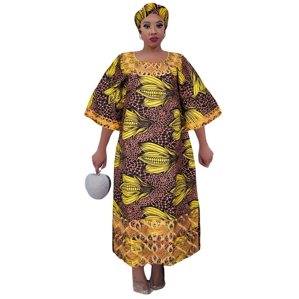 African Clothes for Women Dashiki Embroidery Traditional Dress With HeadsScarf - Image 1 of 4