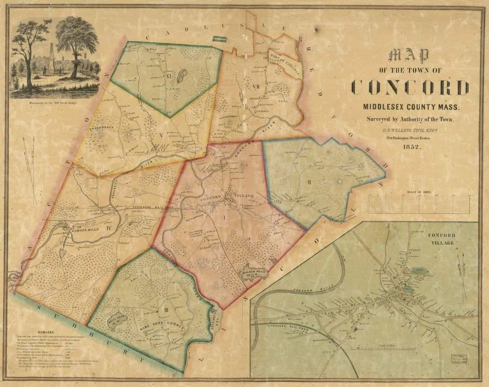 HISTORIX 18" x 24" 1852 Map Of The Town Of Concord Middlesex County Mass