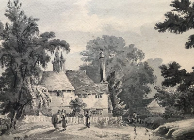 Антикварный рисунок оригинальный пейзаж, деревья, дом, люди, лес 19 века - Изображение 1 из 4