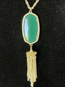 Kendra Scott RAYNE Fringe Long Necklace Pendant Chalcedony Gold green Tassel - Picture 1 of 5