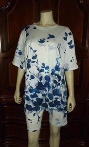 NEU Blumen Rundhals Kurzarm Top und Shorts Set Größe XL Blau & Weiß - Bild 1 von 12
