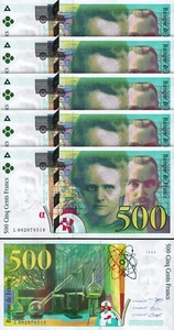 France 500 Francs 1994, UNC, 5 Pcs LOT, Consecutive, P-160a, Prefix L 00 - Picture 1 of 5