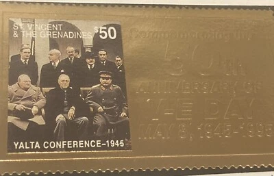 Sello de oro y portada del primer día 50 V E Día San Vicente y Gernadinas Sello Segunda Guerra Mundial Foto 1 de 4