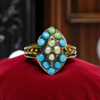 ANTIGUO - Anillo de oro 10K turquesa y perlas semilla - talla 3,25 - victoriano occidental 1,8 g Foto 1 de 4