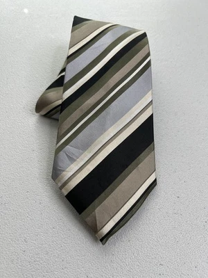 Corbata Geoffrey Beene negra, verde, bronceada patrón de rayas 100 % seda hecha a mano nueva sin etiquetas Foto 1 de 4