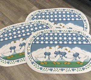 Vintage Set 3 Vinyl Placemats Duck Hearts Geese Goose Blue Franco Country READ - Picture 1 of 15