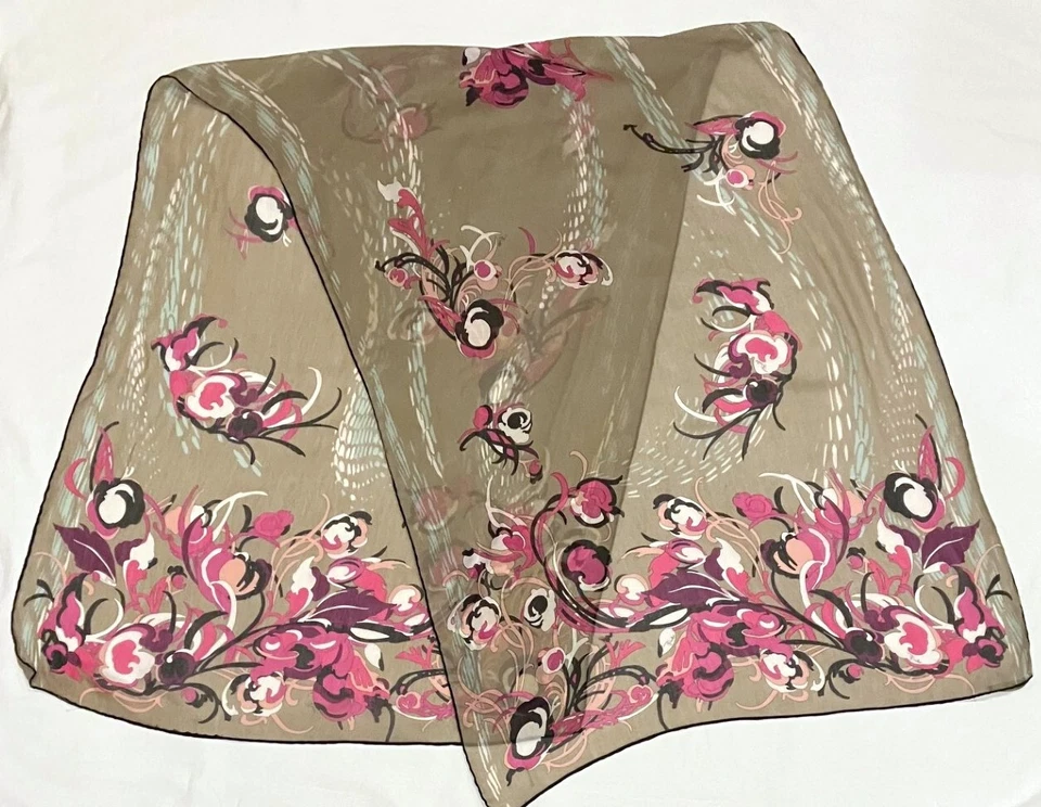 Emilio Pucci Taupe Abstract Floral Silk Chiffon Scarf Art Nouveau Pink Black - Image 1 of 3