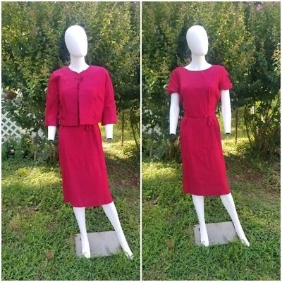 Vintage 50s Roseweb Red Silk Pencil wiggle dress & cropped jacket 2 pc set W27" - Image 1 of 4
