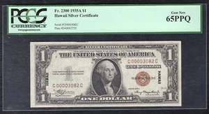 FR. 2300 1935-A $1 “HAWAII” SILVER CERTIFICATE “LOW S/N 3082” PCGS GEM UNC-65PPQ - Picture 1 of 2