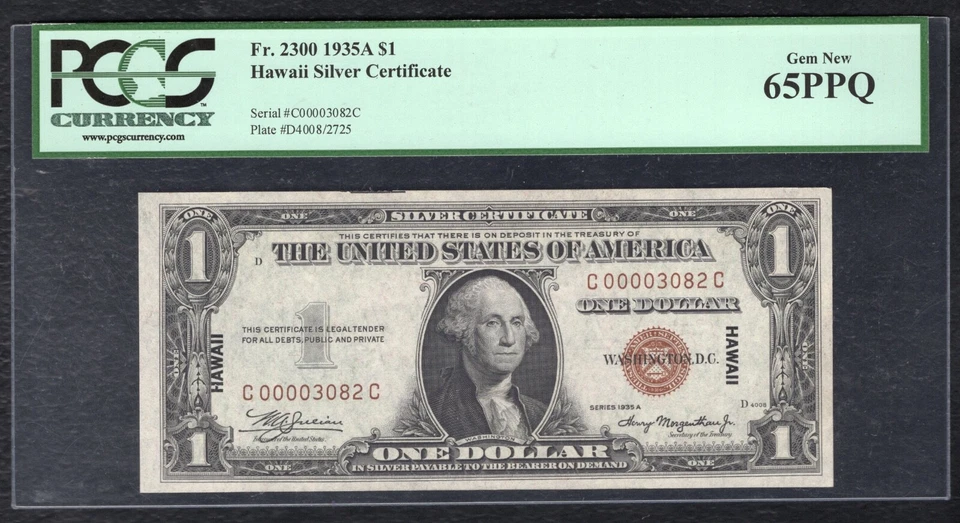 FR. 2300 1935-A $1 “HAWAII” SILVER CERTIFICATE “LOW S/N 3082” PCGS GEM UNC-65PPQ - Image 1 of 2