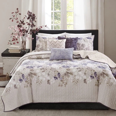 QUALITY BEAUTIFUL CHIC IVORY WHITE LAVENDER PURPLE GREY TAUPE LEAF LEAVES QUILT SET NEW