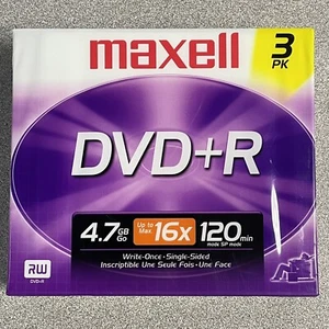 3-Pack Maxell DVD+R 4X 4.7GB Write Once Single Sided Discs Video Recording NEW - Picture 1 of 5