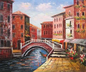Pintura al óleo de calle y puente de Venecia 20x24 con estacionamiento bote pequeño - Imagen 1 de 1