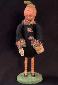 Vintage Monnie Wilson Folk Art Halloween Pumpkin Lady 10.5" Paper Mache Figurine - Picture 1 of 9