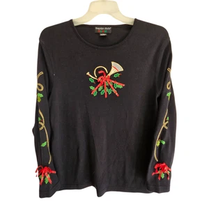 Top Hampshire Studio Nieve Navidad Mujer XL Negro Manga Larga Cuerno Francés Acebo - Imagen 1 de 9