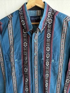 Vintage Wrangler XLong Tails Single Needle Aztec Pearl Snap Button Down Shirt XL - Picture 1 of 7