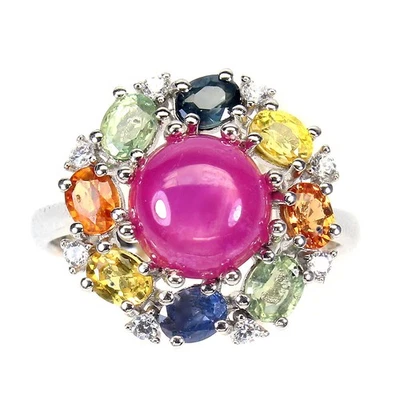 925 Sterling Silver Ring, Round Ruby 8mm Simulated Sapphire CZ Gemstone... - Image 1 of 4