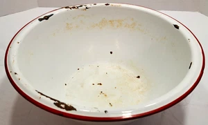 ENAMELWARE Tub BASIN Wash BOWL - 12" WHITE with RED -VINTAGE - Farmhouse - Picture 1 of 15